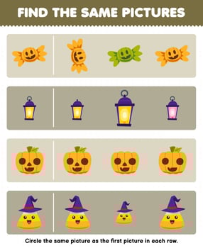 Education game for children find the same picture in each row of cute cartoon corn candy lantern pumpkin printable halloween worksheet vector