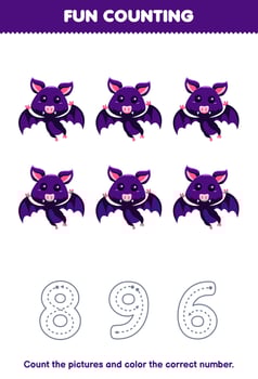 Education game for children count the pictures and color the correct number from cute cartoon purple bat printable animal worksheet vector