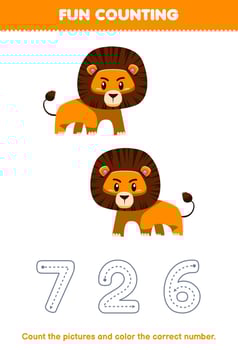 Education game for children count the pictures and color the correct number from cute cartoon orange lion printable animal worksheet vector