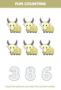 Education game for children count the pictures and color the correct number from cute cartoon white goat printable animal worksheet vector