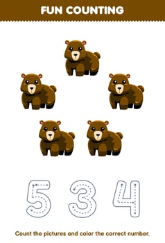 Education game for children count the pictures and color the correct number from cute cartoon brown bear printable animal worksheet vector