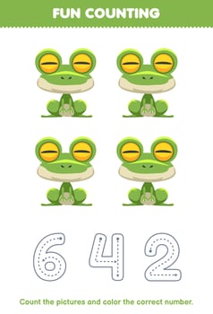 Education game for children count the pictures and color the correct number from cute cartoon green frog printable animal worksheet vector