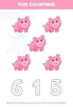 Education game for children count the pictures and color the correct number from cute cartoon pink pig printable animal worksheet vector