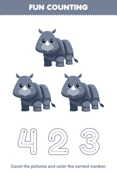 Education game for children count the pictures and color the correct number from cute cartoon gray rhino printable animal worksheet vector