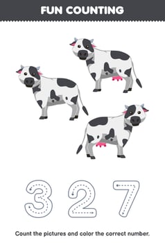 Education game for children count the pictures and color the correct number from cute cartoon cow printable farm worksheet vector