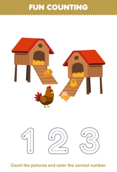 Education game for children count the pictures and color the correct number from cute cartoon chicken coop printable farm worksheet vector