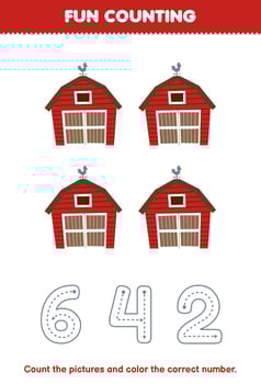 Education game for children count the pictures and color the correct number from cute cartoon barn printable farm worksheet vector