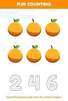 Education game for children count the pictures and color the correct number from cute cartoon orange printable fruit worksheet vector