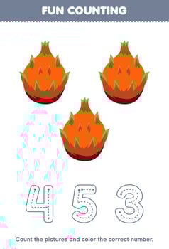 Education game for children count the pictures and color the correct number from cute cartoon dragon fruit printable fruit worksheet vector