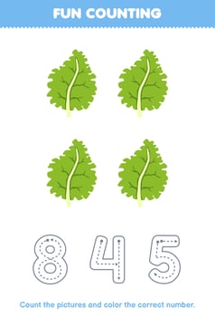 Education game for children count the pictures and color the correct number from cute cartoon kale printable vegetable worksheet vector