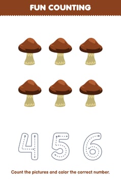 Education game for children count the pictures and color the correct number from cute cartoon mushroom printable vegetable worksheet vector