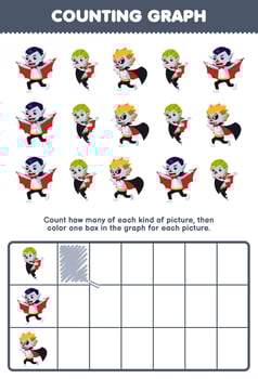 Education game for children count how many cute cartoon dracula then color the box in the graph printable wearable halloween worksheet vector