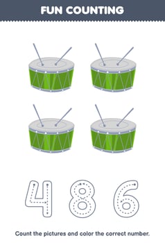 Education game for children count the pictures and color the correct number from cartoon drum printable music instrument worksheet vector