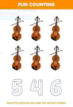 Education game for children count the pictures and color the correct number from cartoon violin printable music instrument worksheet vector