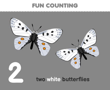 Education game for children fun counting two white butterflies printable bug worksheet vector