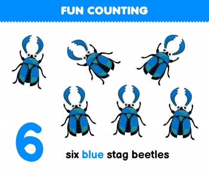 Education game for children fun counting six blue stag beetles printable bug worksheet vector