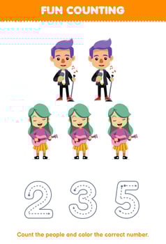 Education game for children count the pictures and color the correct number from cute cartoon singer and guitarist printable profession worksheet vector