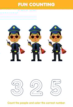 Education game for children count the pictures and color the correct number from cute cartoon police cop printable profession worksheet vector