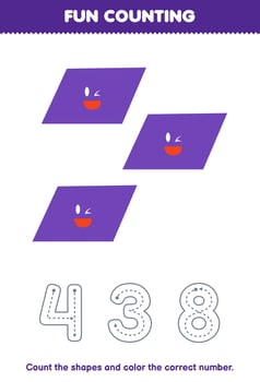 Education game for children count the pictures and color the correct number from cute cartoon parallelogram printable geometric shape worksheet vector