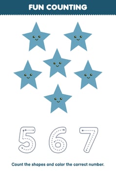 Education game for children count the pictures and color the correct number from cute cartoon star printable geometric shape worksheet vector