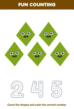 Education game for children count the pictures and color the correct number from cute cartoon rhombus printable geometric shape worksheet vector