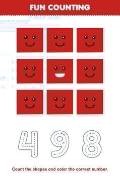 Education game for children count the pictures and color the correct number from cute cartoon square printable geometric shape worksheet vector