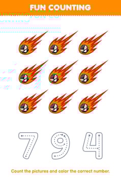 Education game for children count the pictures and color the correct number from cute cartoon comet printable solar system worksheet vector