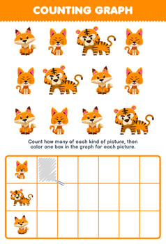 Education game for children count how many cute cartoon cat tiger fox then color the box in the graph printable orange animal worksheet vector