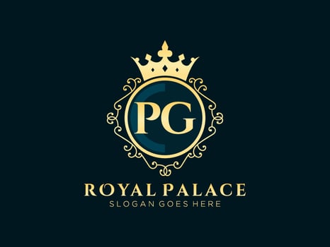 Letter PG Antique royal luxury victorian logo with ornamental frame. vector