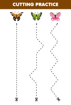 Education game for children cutting practice with cute cartoon butterfly printable bug worksheet vector