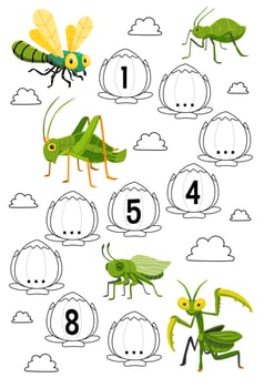 Education game for complete the sequence of number with cute cartoon dragonfly aphid grasshopper and mantis picture printable bug worksheet vector