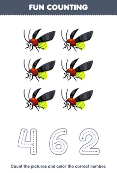 Education game for children count the pictures and color the correct number from cute cartoon firefly printable bug worksheet vector
