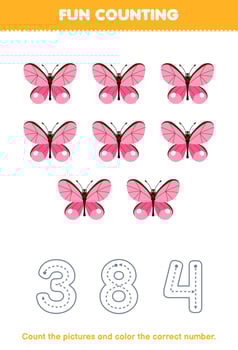 Education game for children count the pictures and color the correct number from cute cartoon butterfly printable bug worksheet vector