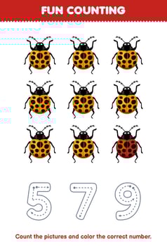 Education game for children count the pictures and color the correct number from cute cartoon ladybug printable bug worksheet vector