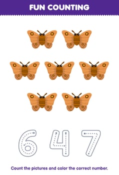 Education game for children count the pictures and color the correct number from cute cartoon moth printable bug worksheet vector