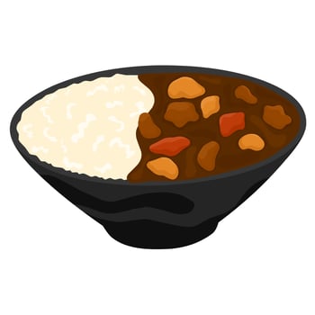 Japanese curry rice on a white background. Japanese food in a bowl with potatoes and carrots. Great for sales logos and posters. Vector illustration
