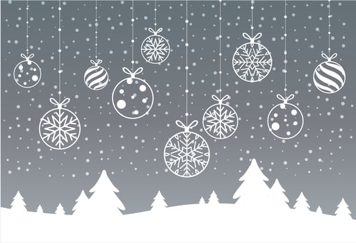 Happy New Year greeting card. Christmas card. Celebration background with Christmas Landscape, Christmas tree, balls and place for your text. Vector Illustration