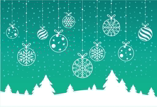 Blue shiny Happy New Year and Merry Christmas card with Christmas balls. Greeting card or festive poster template. Vector background.