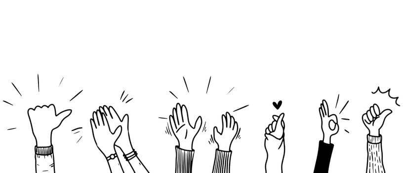 Applause hand draw, doodle clapping ovation. thumbs up gesture isolated on white background , vector illustration.
