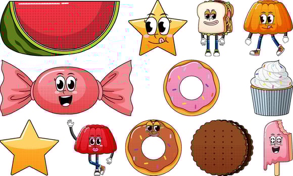 Set of objects and foods cartoon characters vector