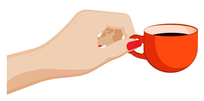 female hand gently holds ceramic cup with tea, coffee. Woman is drinking tea from mug. Warming drink in winter season. Cartoon vector
