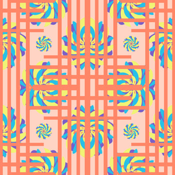 Seamless pattern with orange line, look like cage, and colorful flowers shape, blue yellow and purple, on light orange background. vector