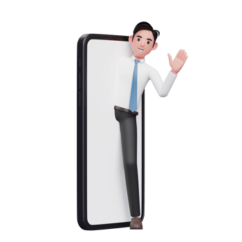 businessman appears from the big phone screen and waving hand, 3d illustration of businessman using phone png