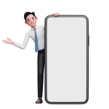businessman emerges from behind big cell phone, 3d illustration of businessman using phone png