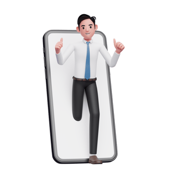 businessman in white shirt appears from inside the phone screen while giving a thumbs up, 3d illustration of businessman using phone png