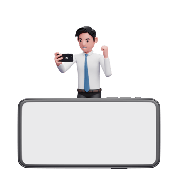 successful businessman celebrating and standing behind big landscape mobile phone, 3d illustration of businessman using phone png