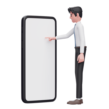 Businessman in white shirt blue tie touching phone screen with index finger, 3d illustration of businessman using phone png
