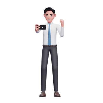 Businessman in white shirt celebrating while looking at the phone screen, 3d illustration of businessman using phone png