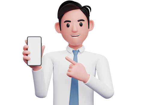 portrait of businessman in white shirt and blue tie pointing cell phone in hand, 3d illustration of businessman using phone png