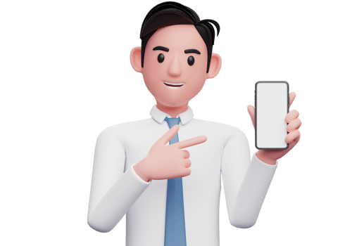 portrait of a businessman in white shirt pointing finger at cell phone in hand, 3d illustration of businessman using phone png